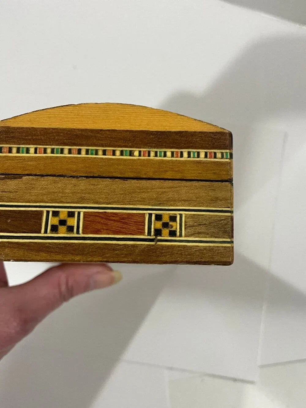 Vtg Persian Micro-Mosaic Wooden Marquetry Geometric Trinket Jewelry Box 9.25x3